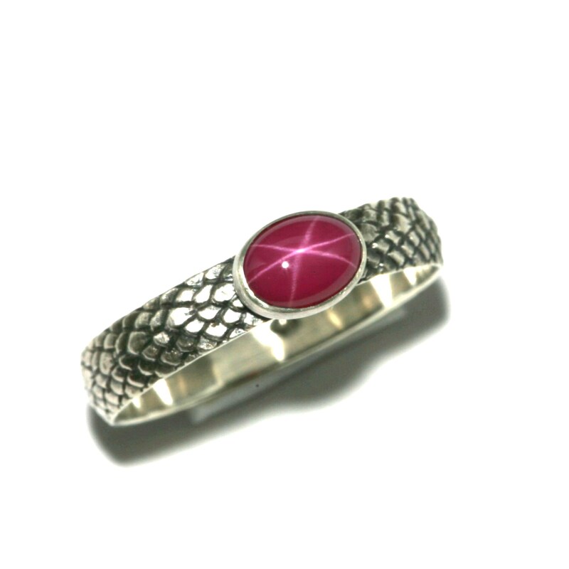 Oval Created Pink Star Ruby Dragon Scale Band Antique Silver by Salish Sea Inspirations